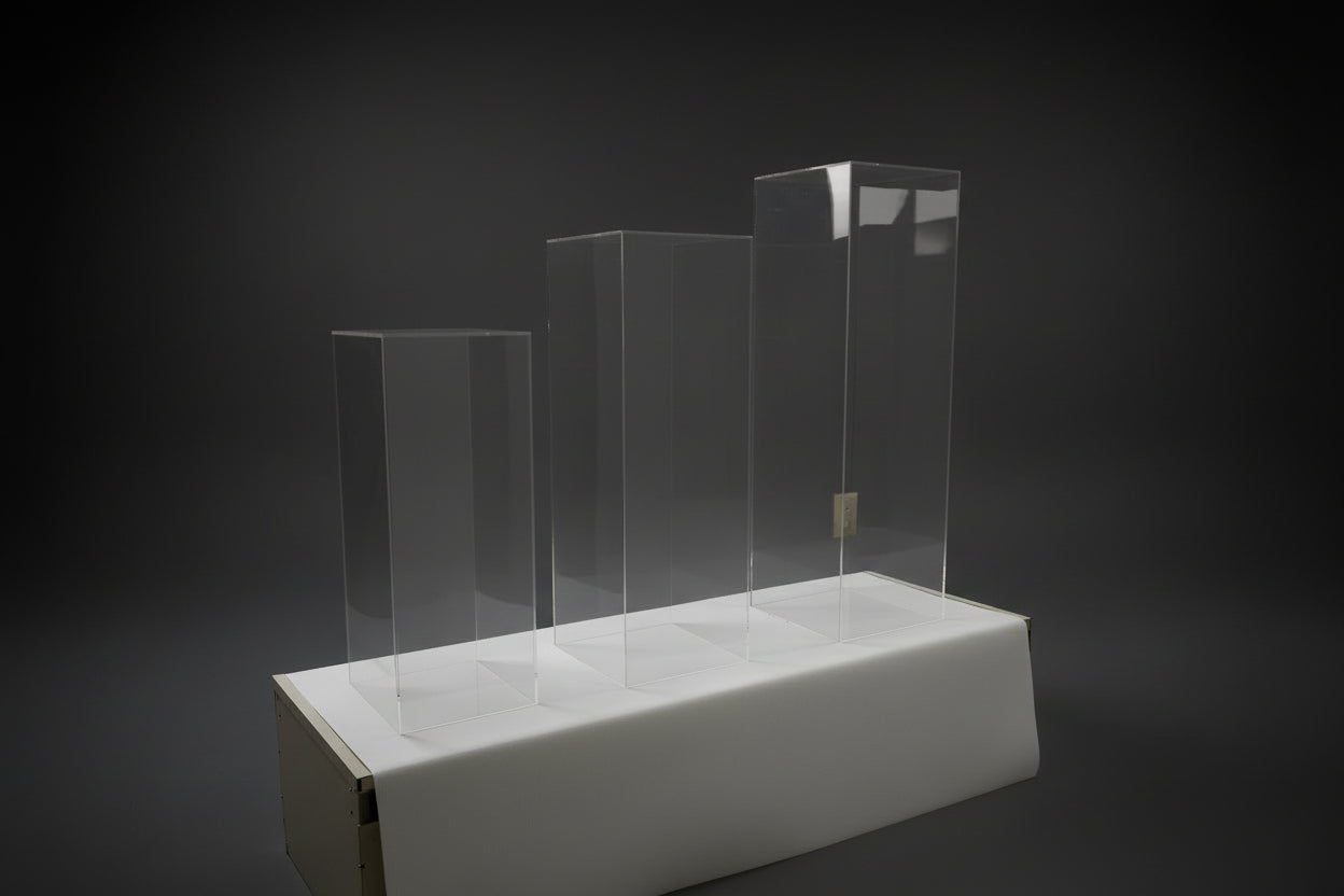 Clear acrylic pedestal plinth set of 3 display stands for events, retail displays, weddings and product showcases